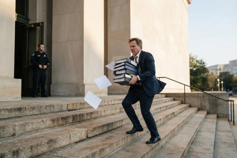 Un homme en costume gravit les marches d'un bâtiment officiel avec une pile de classeurs, des feuilles s'envolent