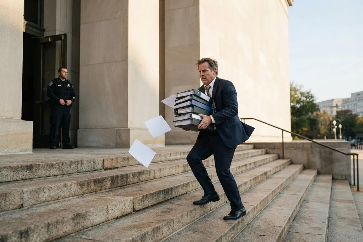 Un homme en costume gravit les marches d'un bâtiment officiel avec une pile de classeurs, des feuilles s'envolent