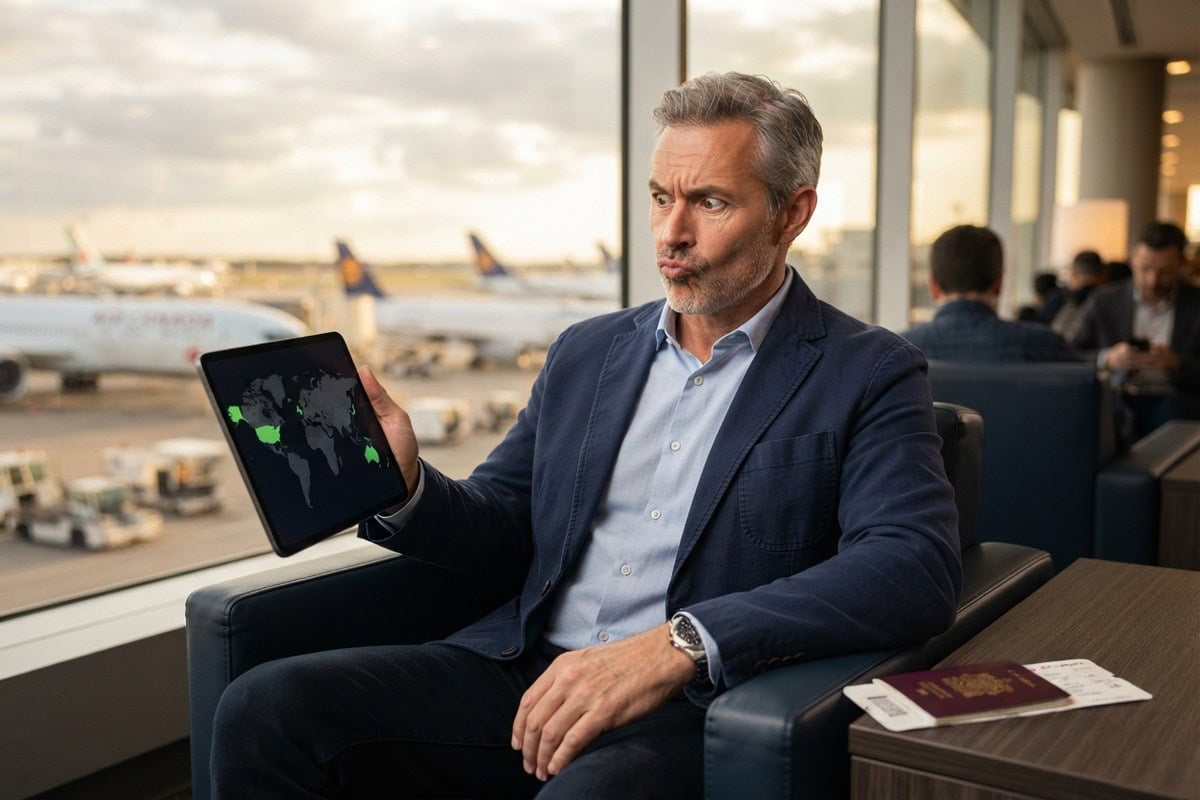 Un voyageur en veste bleue tient une tablette affichant une carte du monde, dans un salon d'aéroport