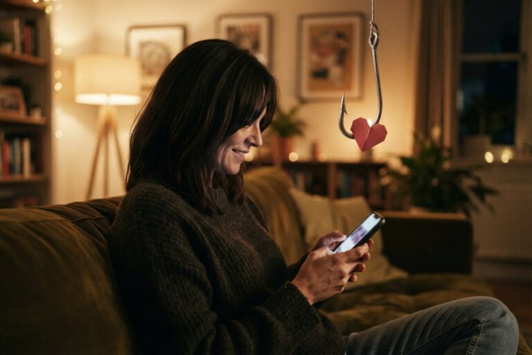 Une femme sourit à son téléphone sur un canapé, un gros hameçon appâté d'un cœur en papier pend derrière elle