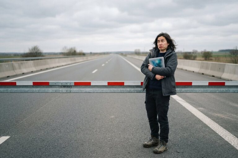 Une personne serrant un ordinateur portable devant une barrière rouge et blanche fermant une autoroute vide