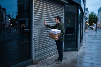 Homme tenant un carton de feuilles blanches, main posée sur le rideau métallique fermé d'une boutique au crépuscule