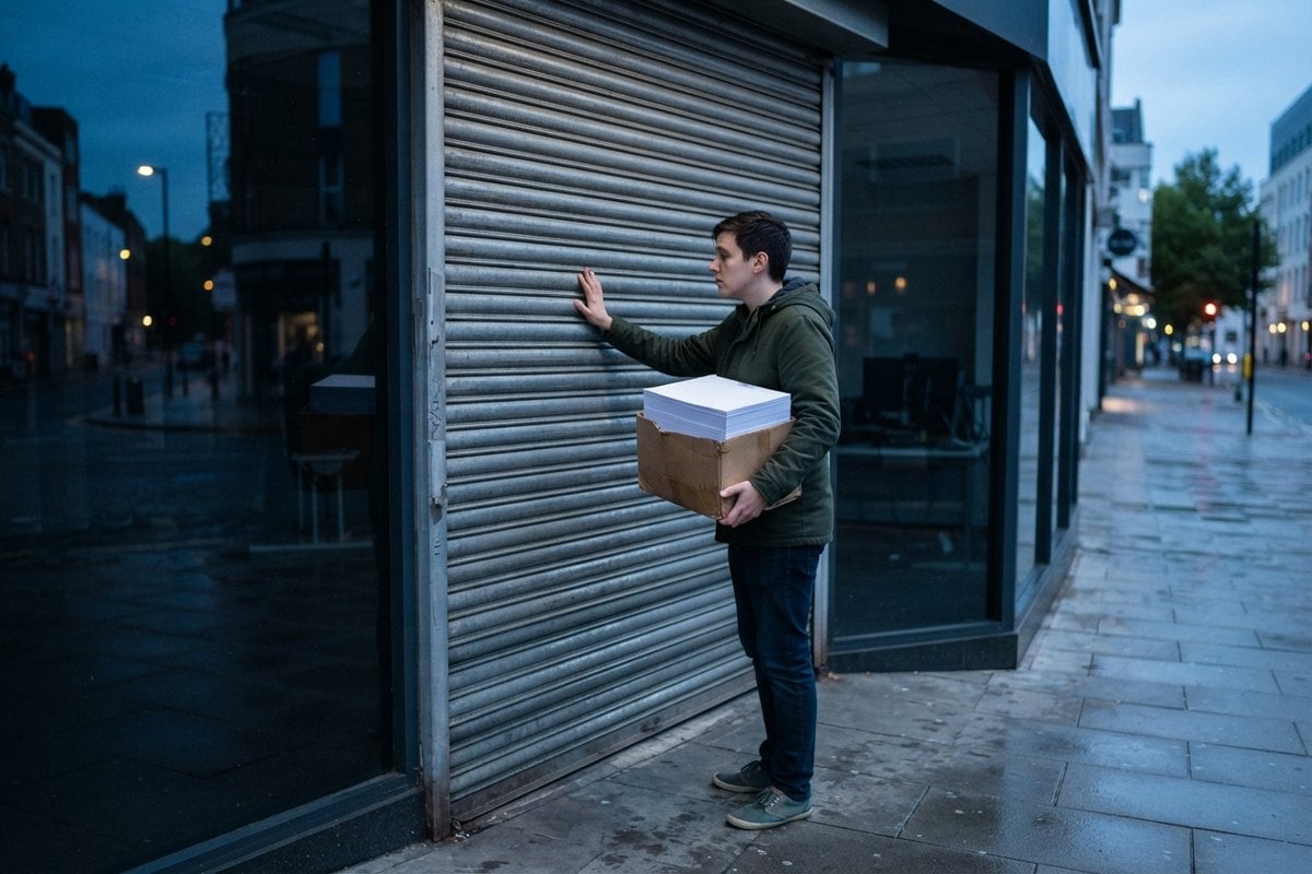 Homme tenant un carton de feuilles blanches, main posée sur le rideau métallique fermé d'une boutique au crépuscule