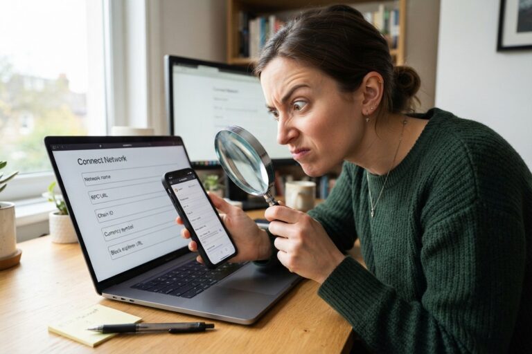 Une femme examine à la loupe un formulaire d'ajout de réseau affiché sur son ordinateur portable