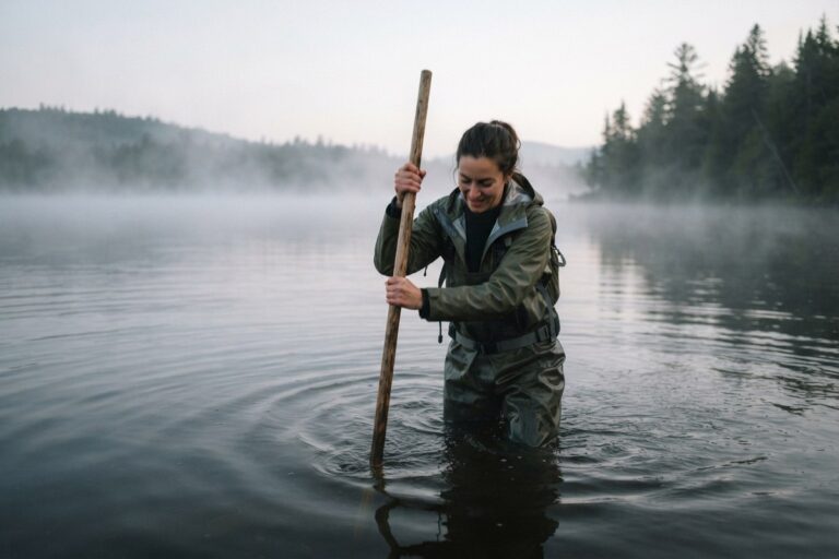 Une femme en waders, immergée jusqu'à la taille dans un lac brumeux, sonde le fond avec une longue perche.