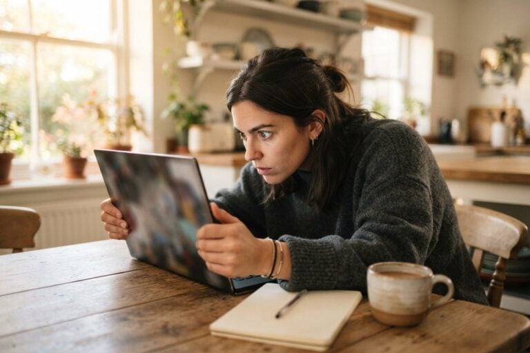 Une femme penchée sur son ordinateur portable à la table de sa cuisine, les yeux écarquillés, une tasse à côté