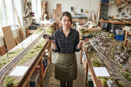 Une modéliste tient une locomotive dans chaque main entre deux réseaux miniatures, l'un rectiligne, l'autre ramifié