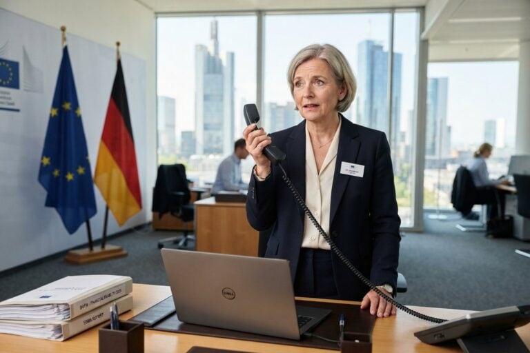 Une responsable européenne tient un combiné de téléphone dans un bureau de Francfort, drapeaux de l'UE derrière elle