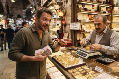 Un homme tient une liasse de billets turcs et désigne des bracelets et lingots d'or dans une bijouterie d'Istanbul
