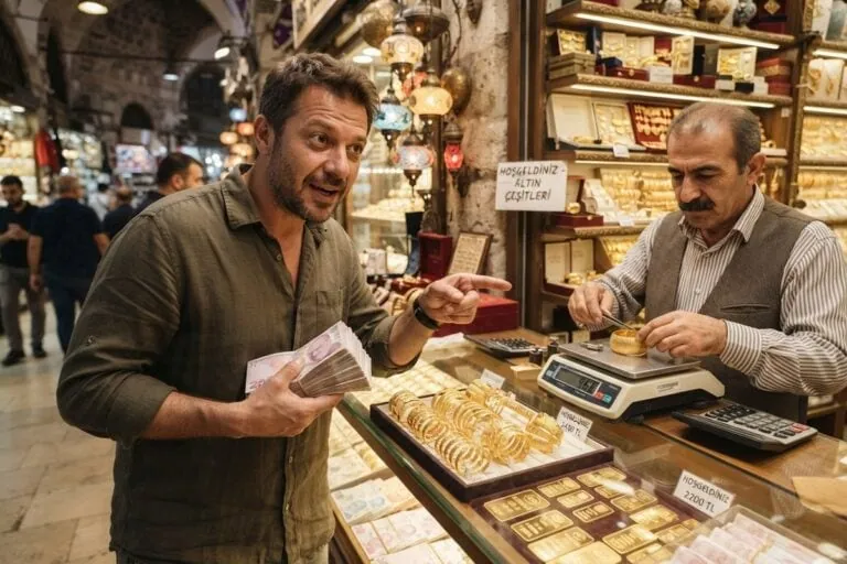Un homme tient une liasse de billets turcs et désigne des bracelets et lingots d'or dans une bijouterie d'Istanbul