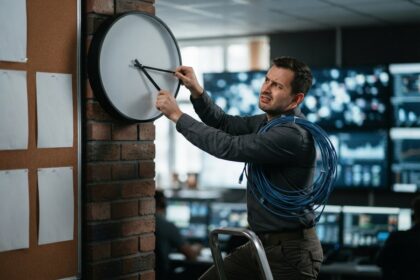 Un technicien sur un escabeau force les aiguilles d'une grande horloge murale sans chiffres, dans une salle de contrôle