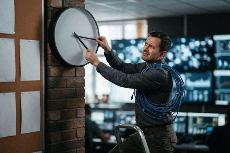 Un technicien sur un escabeau force les aiguilles d'une grande horloge murale sans chiffres, dans une salle de contrôle