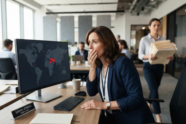 Femme la main sur la bouche devant un écran montrant une carte du monde avec trois pays en rouge