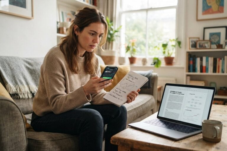 Une femme compare un carnet manuscrit et l'écran de son téléphone, un ordinateur portable ouvert devant elle.