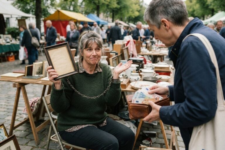 Une brocanteuse montre un cadre vide relié à son bras par une chaîne, face à un acheteur qui ouvre son portefeuille