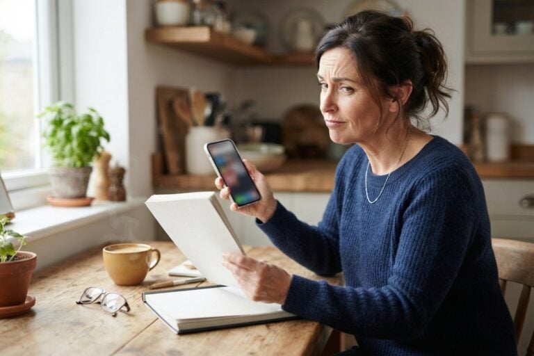 Une femme sceptique compare un document ouvert et l'écran de son téléphone, attablée dans une cuisine.
