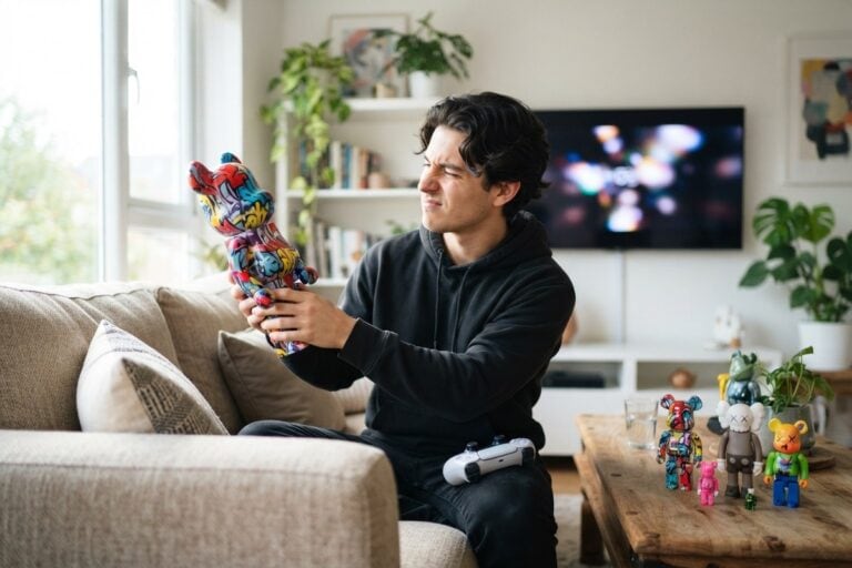 Un jeune homme assis sur un canapé examine une grande figurine colorée, manette de jeu posée sur son genou