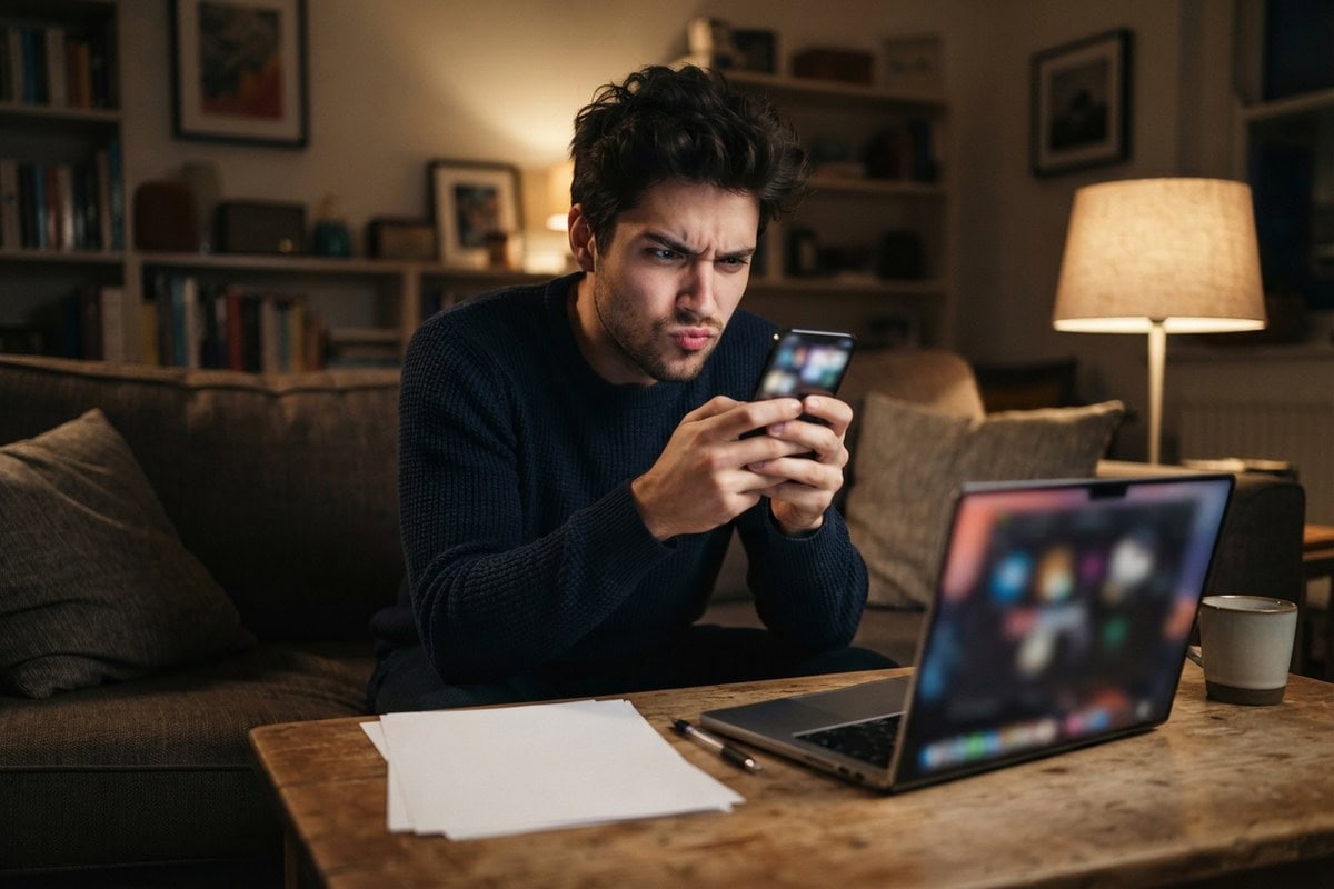 Un homme assis sur un canapé fronce les sourcils devant son téléphone tenu tout près de son visage