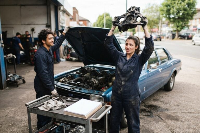 Une mécanicienne brandit une pièce de moteur à bout de bras devant une voiture au capot ouvert