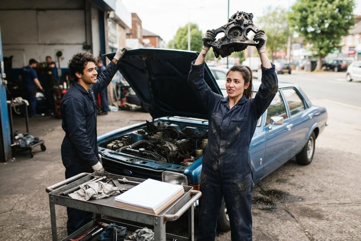Une mécanicienne brandit une pièce de moteur à bout de bras devant une voiture au capot ouvert