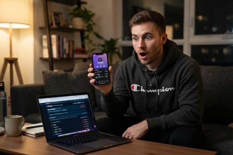 Jeune homme stupéfait sur un canapé, brandissant un smartphone affichant une application de portefeuille Solana