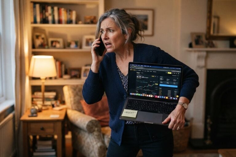 Femme inquiète au téléphone dans son salon, un ordinateur portable ouvert sur une plateforme crypto marqué d'un post-it URGENT