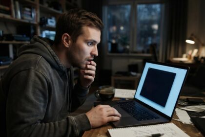 Un développeur en sweat à capuche, penché vers son ordinateur portable le soir, fixe une fenêtre d'appel vidéo éteinte