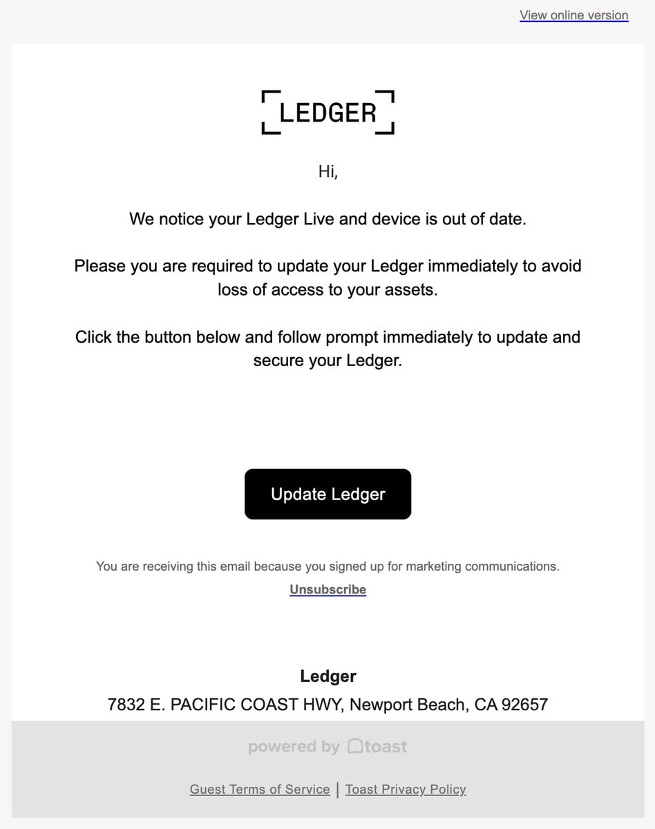 Capture d'écran d'un faux courriel Ledger demandant de mettre à jour son appareil via un bouton Update Ledger