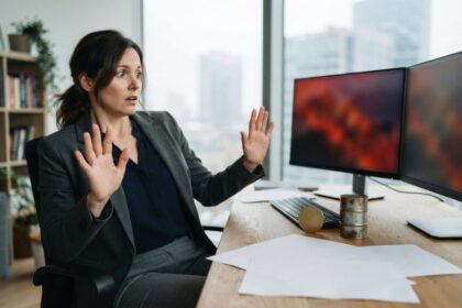 Une femme en tailleur gris lève les mains devant des écrans rouges, un baril et une pièce d'or sur son bureau