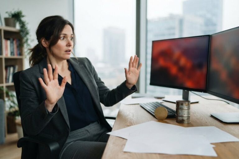 Une femme en tailleur gris lève les mains devant des écrans rouges, un baril et une pièce d'or sur son bureau