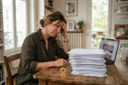 Une femme accablée devant une haute pile de papiers, un ordinateur portable et une pièce bitcoin sur sa table