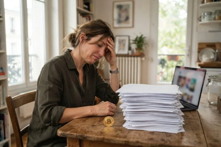 Une femme accablée devant une haute pile de papiers, un ordinateur portable et une pièce bitcoin sur sa table