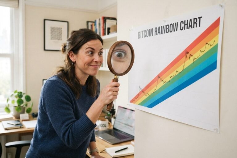 Femme observant à la loupe une affiche Bitcoin Rainbow Chart où une courbe de prix traverse des bandes arc-en-ciel