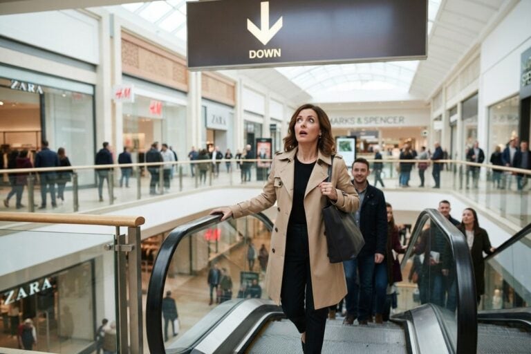 Une femme en trench surprise sur un escalator, sous un panneau lumineux dont la flèche indique la descente