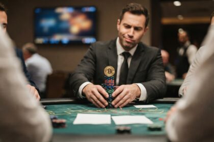 Un homme en costume pousse une pile de jetons surmontée d'une pièce bitcoin sur une table de casino