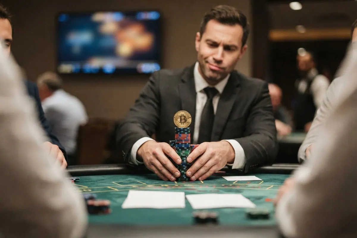 Un homme en costume pousse une pile de jetons surmontée d'une pièce bitcoin sur une table de casino