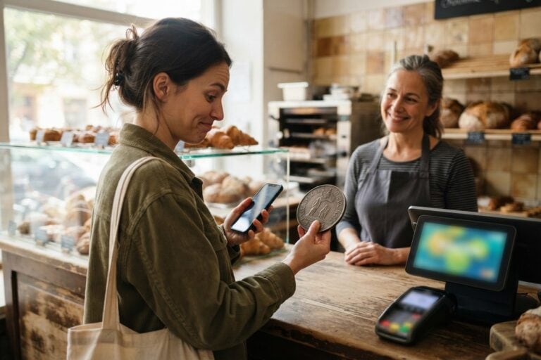Une cliente hésite entre son téléphone et une grosse pièce de monnaie au comptoir d'une boulangerie
