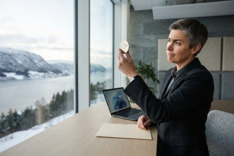 Une femme en veste sombre examine d'un air dubitatif une pièce métallique vierge devant un fjord enneigé