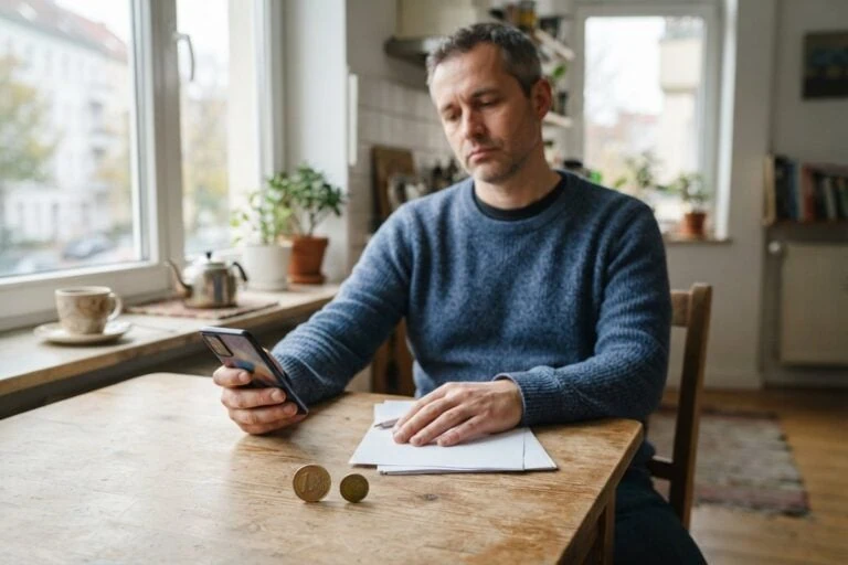Homme attablé dans une cuisine, smartphone en main, une pièce d'un euro et une pièce dorée posées devant lui