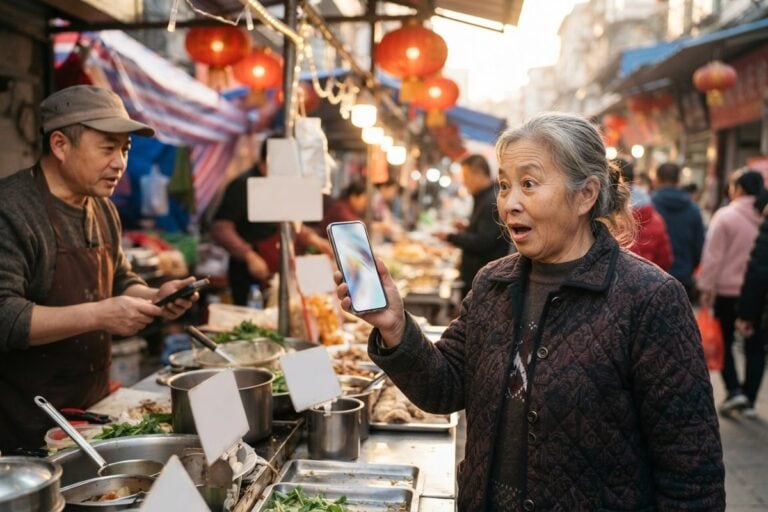Une cliente âgée tend son téléphone à un vendeur sur un marché de rue chinois éclairé en fin de journée.