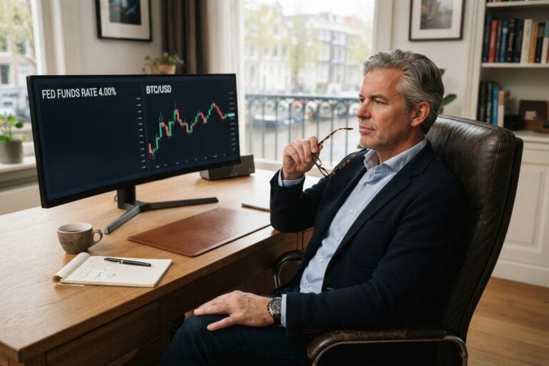 Un homme en veste sombre, lunettes à la main, observe un écran affichant FED FUNDS RATE 4,00 % et un graphique BTC/USD.