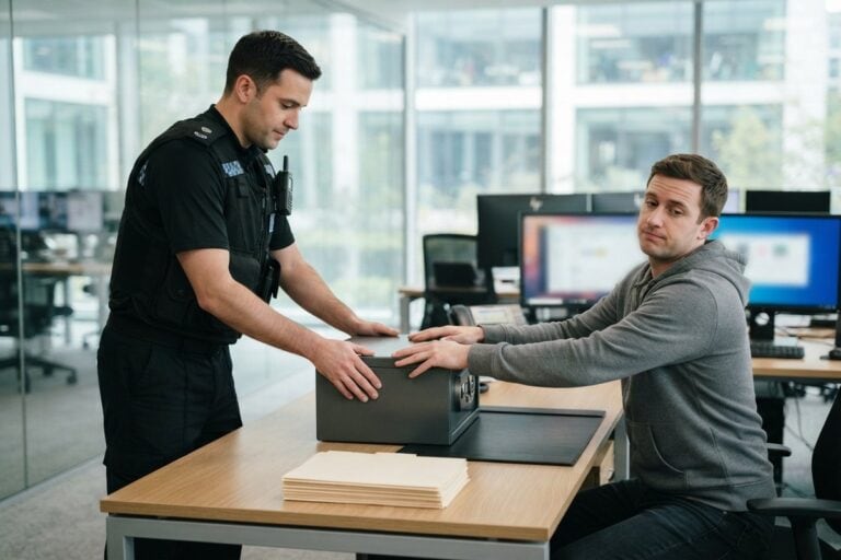 Un policier et un homme en sweat à capuche tiennent chacun un coffre-fort posé sur un bureau