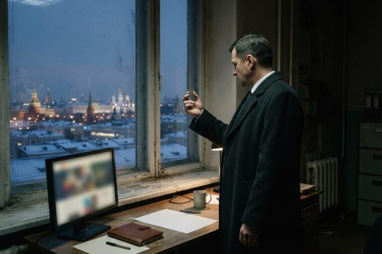 Un homme en manteau examine une pièce de monnaie devant une fenêtre donnant sur Moscou enneigée au crépuscule.