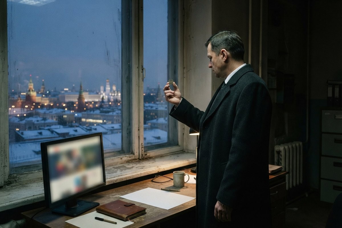 Un homme en manteau examine une pièce de monnaie devant une fenêtre donnant sur Moscou enneigée au crépuscule.