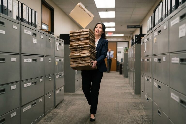Une femme en tailleur porte dans un couloir d'archives une pile de dossiers qui lui monte au menton