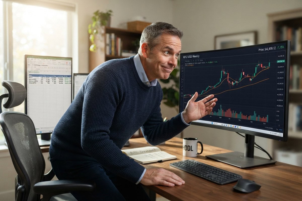 Un investisseur penché sur son bureau désigne un écran affichant le graphique hebdomadaire du bitcoin