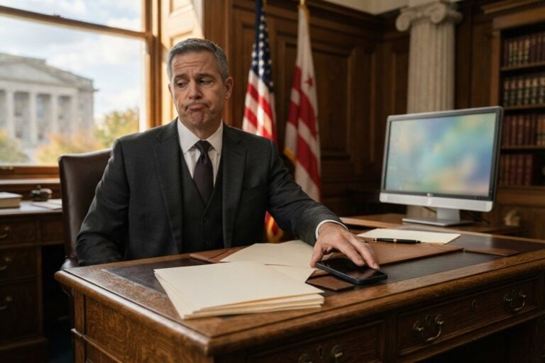Un élu en costume, assis au bureau en bois d'un cabinet officiel, écarte de la main un téléphone posé sur des dossiers.