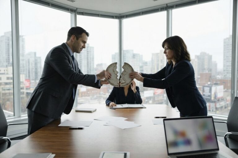 Deux dirigeants en costume rapprochent les deux moitiés d'une grande pièce fendue au-dessus d'une table de réunion