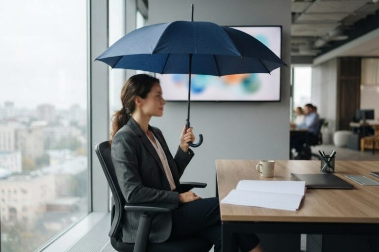 Une femme en tailleur, assise à son bureau, tient un parapluie ouvert au-dessus d'elle face à la baie vitrée.