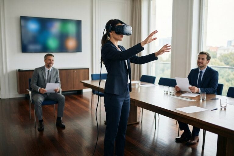 Une femme en tailleur bleu marine, casque de réalité virtuelle sur les yeux, tend les mains dans une salle de réunion